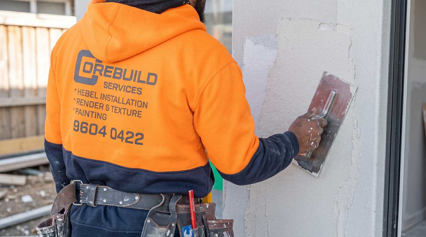 Corebuild Services installer applying render coat to a Hebel wall in Sydney